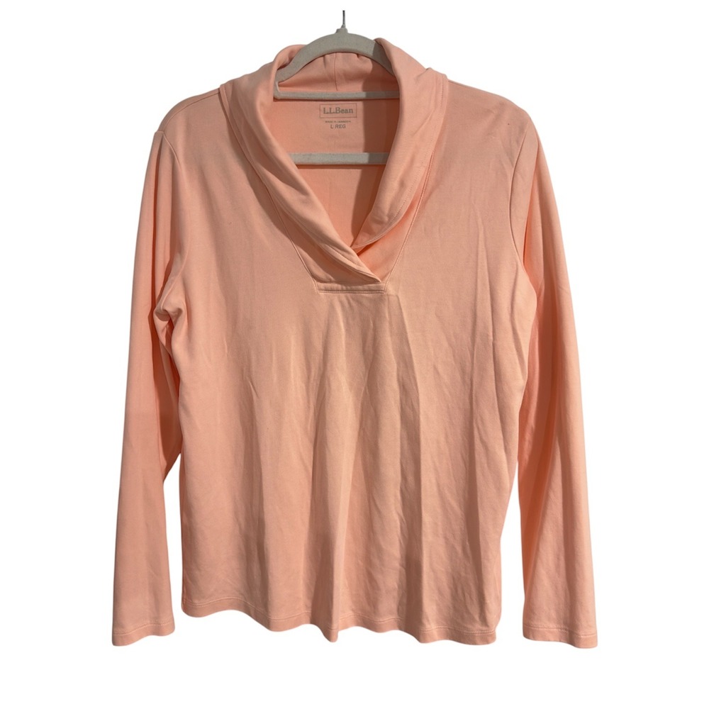 LL Bean Womens Pink Cotton Shawl Neck Long Sleeve Pullover Top 290348 Large Reg